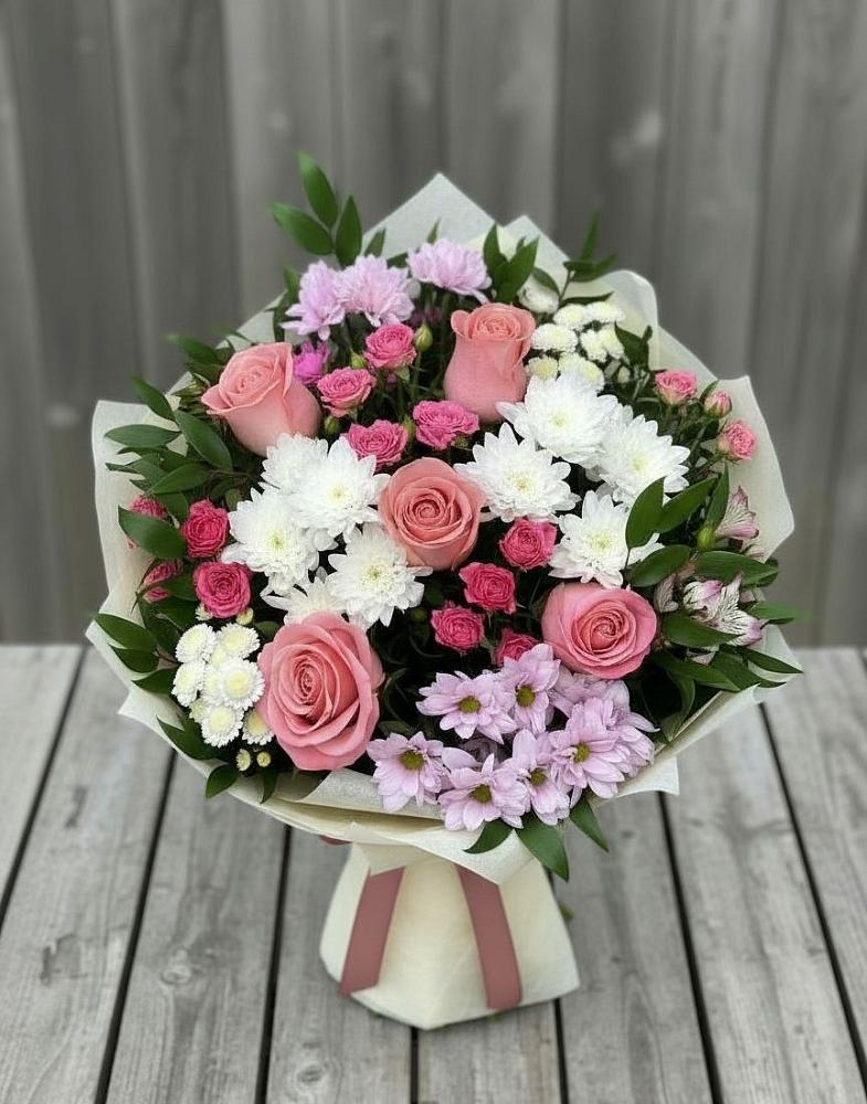 Букет цветов из: Альстромерии, Гвоздики, Розы и Хризантемы в Новофрязино