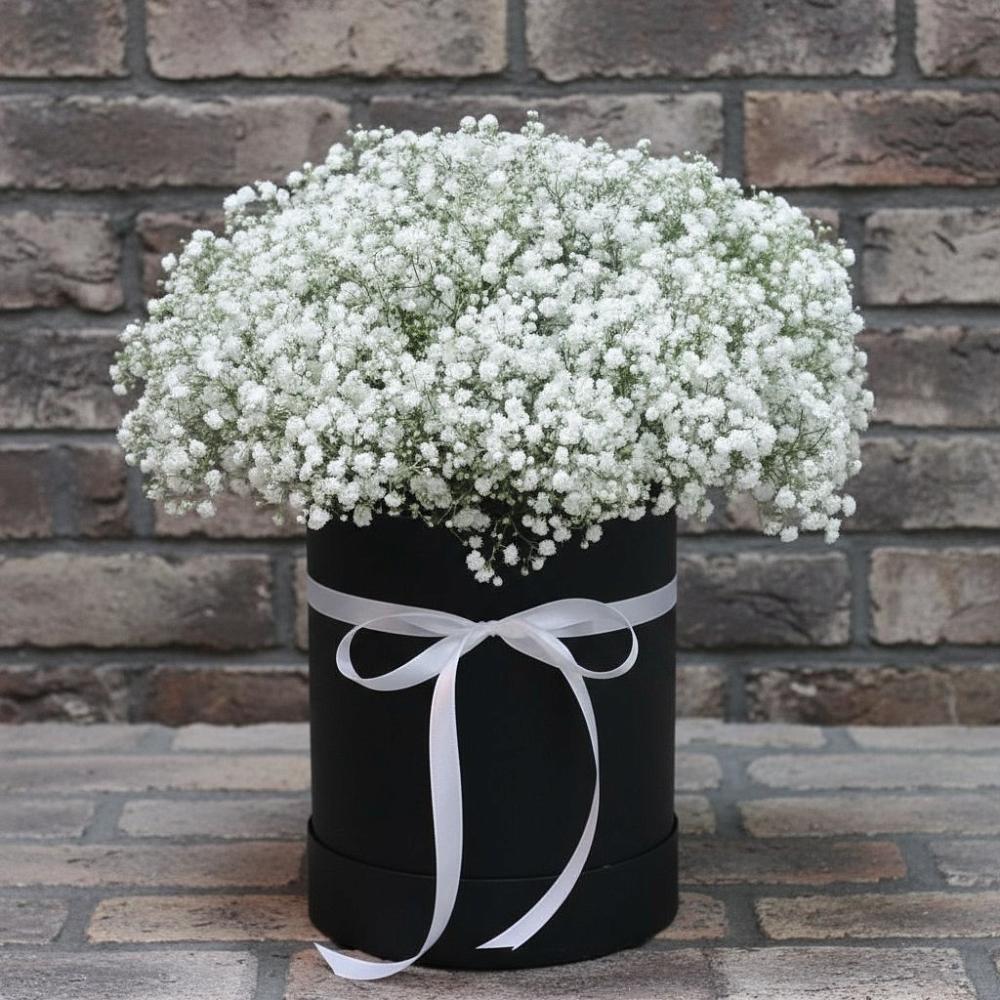 Цветочная композиция из Гипсофила в шляпной коробке в Новофрязино