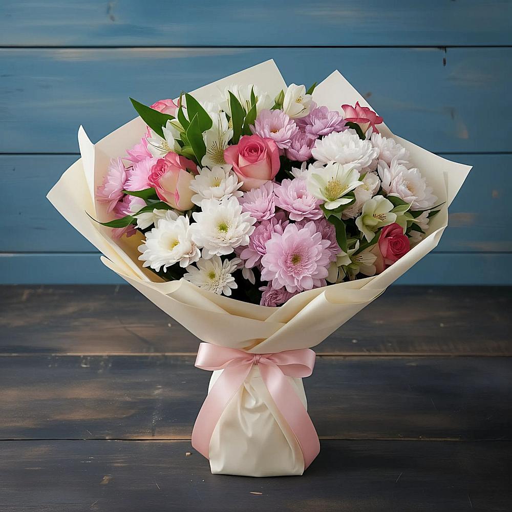 Букет цветов из: Хризантемы, Альстромерии и Розы в Новофрязино